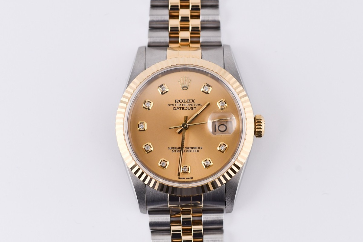 Rolex Datejust 16233 Yellow Gold Fluted Bezel Custom Champagne