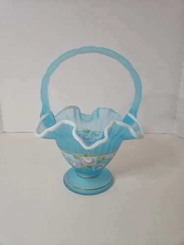FENTON Azure Blue Floral Hand Painted  BASKET  Charleton