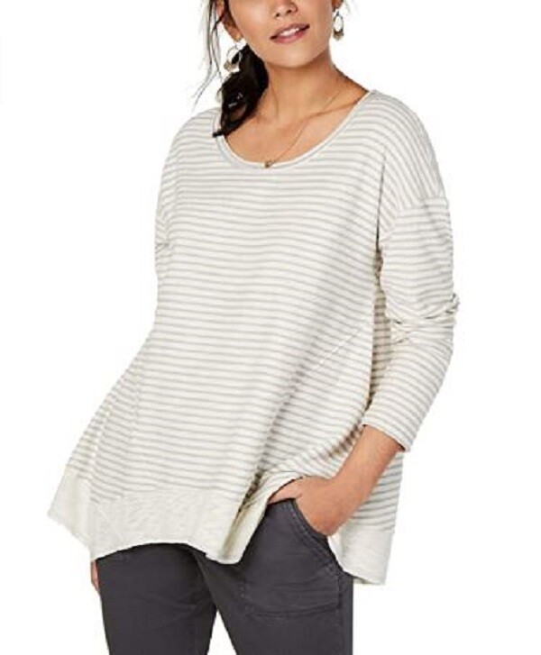 Style&CO Women Size Small Grey Striped Scoop Neck High Low Long SLV Rib Top NEW