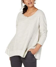 Style&CO Women Size Small Grey Striped Scoop Neck High Low Long SLV Rib Top NEW