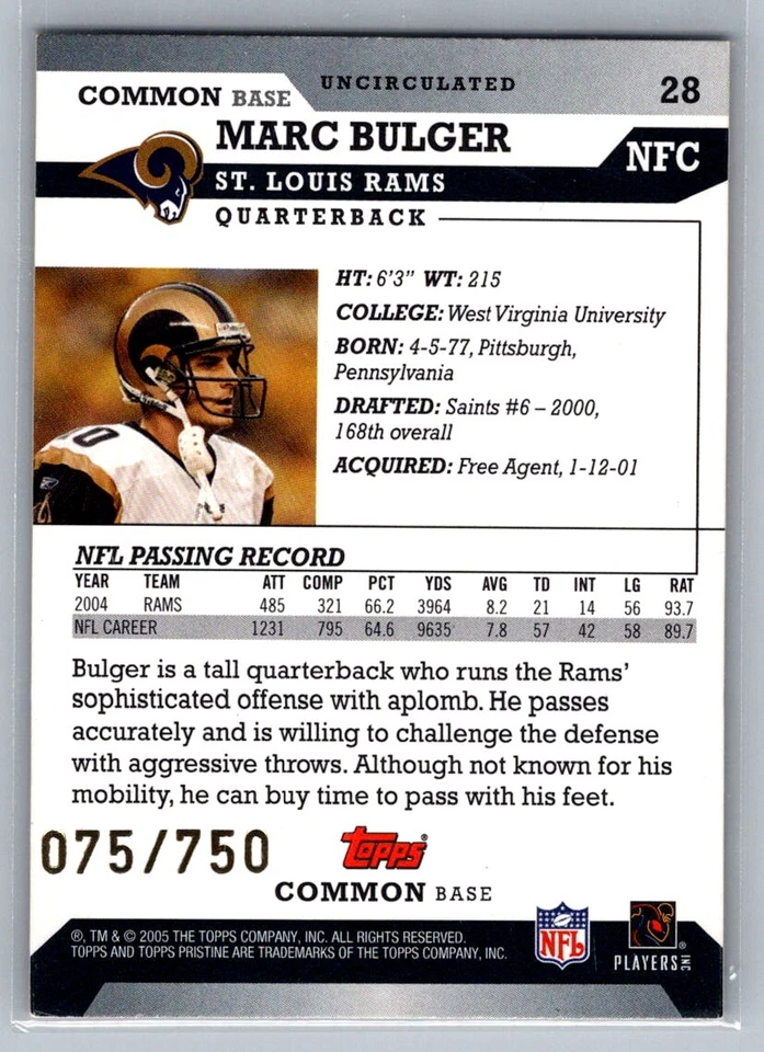 2005 Topps Pristine #28 Marc Bulger Uncirculated #/750 - Image 2 of 2