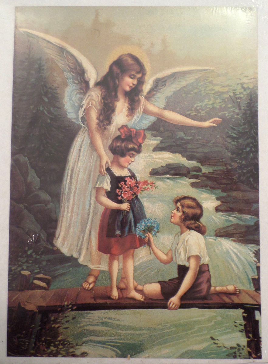 Victorian Lithograph Print Picture Angel On A Bridge With Children
