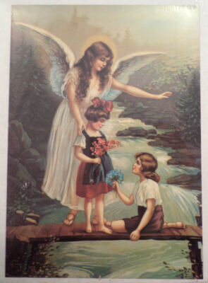Victorian Lithograph Print Picture Angel On A Bridge With Children