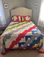 Vintage Grandma's Handmade Colorful Bright Fun Patchwork Crazy Quilt 95  X 105  