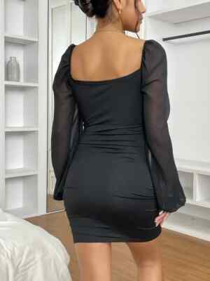 Elegant Solid Mesh Long Sleeve Black Bodycon Mini Dress Pencil Clubwear  Formal | eBay