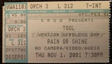 Tool - ticket stub - Lateralus tour - November 1, 2001 - Verizon: Irvine, CA