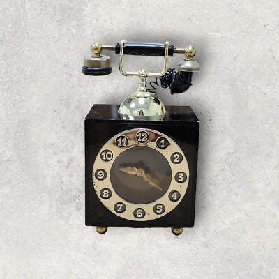 Vtg Clear Black Lucite Telephone Music Box Spinning Clock ''Chariots of Fire''