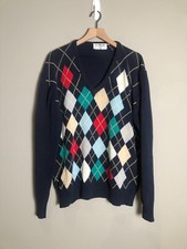VTG 90s La Mode Sweater Mens XL Navy Argyle Diamond V Neck Holiday Grandpacore