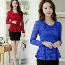 Damen Spitzen Hohl Rüschen Hemden Schlank Floral Peplum Langarm Bluse Tops