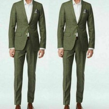 Olive Green Men Linen Suit Business Leisure Prom Party Groom Tuxedo Wedding Suit