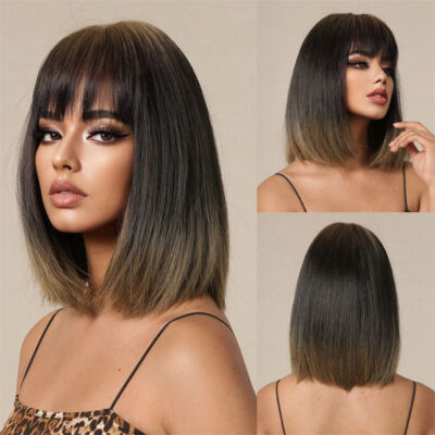 Straight Hair Gradient Golden Artificial Short Wig Clavicle Hair Medium Natural