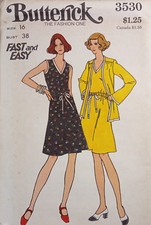 BUTTERICK 3530 VTG 70s Dress loose midi A-line V elastic waist Jacket 16 UNCUT