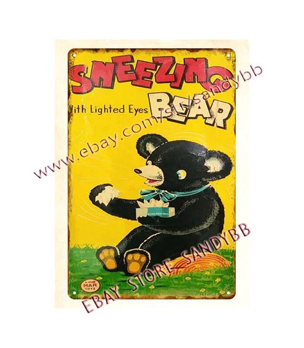 1950s BATTERY OP SNEEZING BEAR TOY metal tin sign home furnishings accessories