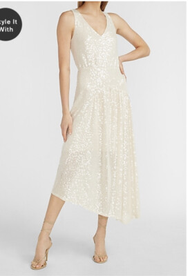 Express Womens Size XS Silver Sequin V Neck MIDI Asymmetric Cinderella Dress  New | eBay