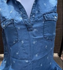 Women's Blue Denim Sleeveless dress with Floral Print. Size M