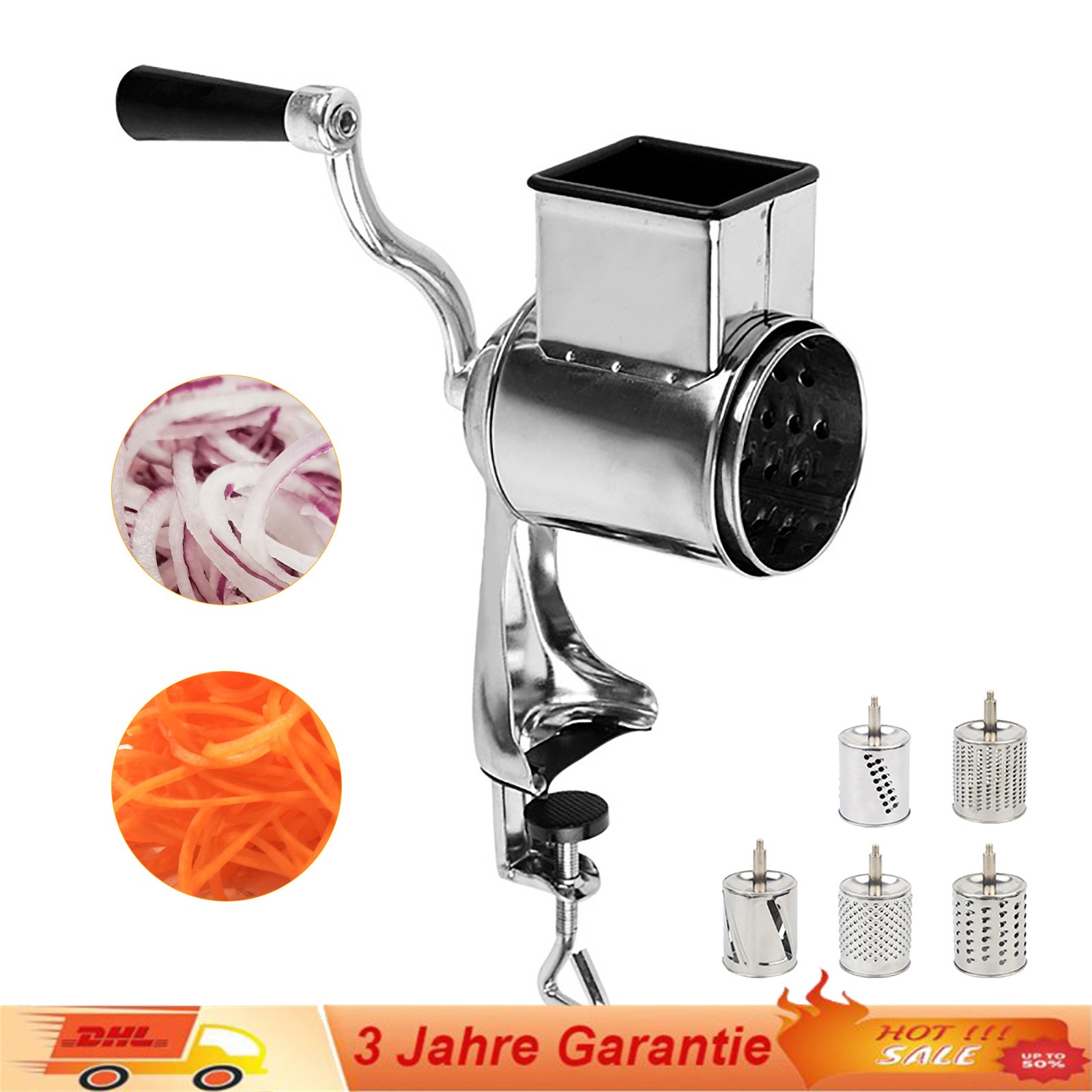 Edelstahl Manuelle Kartoffelreibe Reibemaschine Küchenmaschine mit 5 Trommeln
