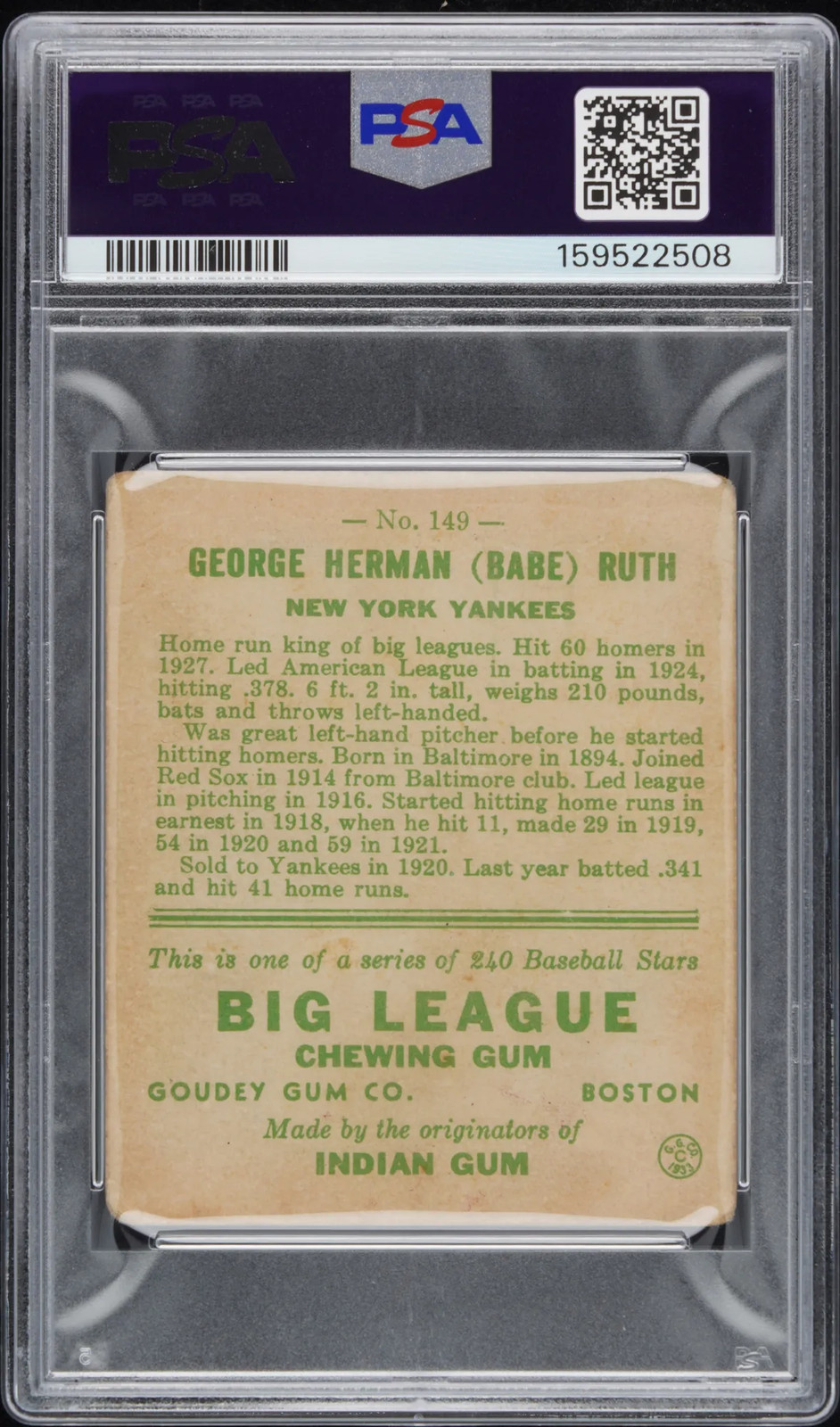 1933 Goudey #149 Babe Ruth PSA 1.5 FR view 2