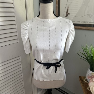 Current Air Top XS White Belted Puff Sleeve Knit Dainty Parisian Soft Girl 