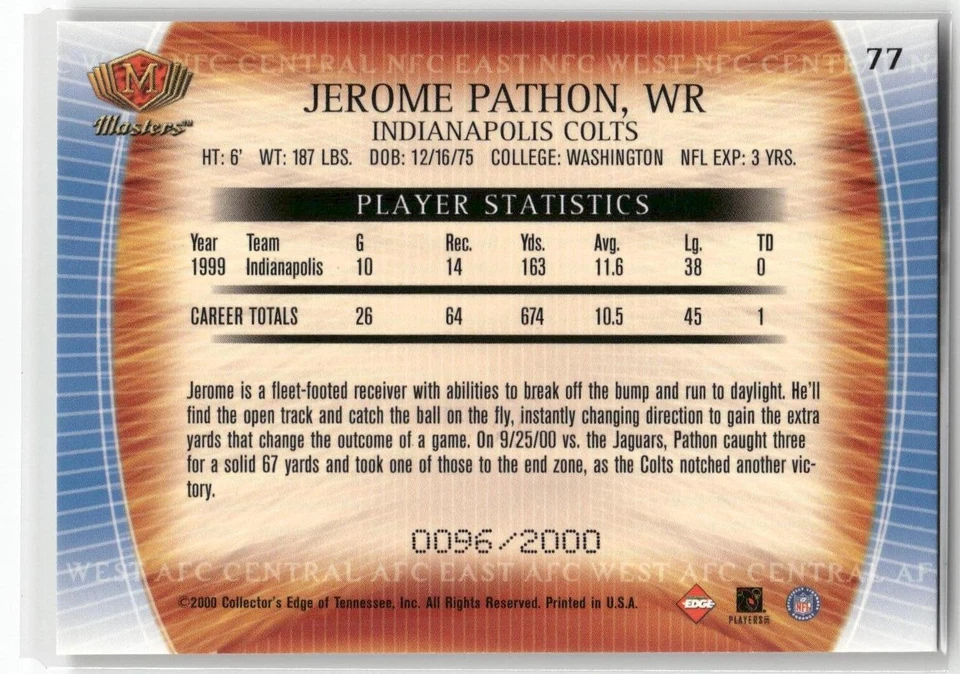 2000 Collector's Edge Masters #77 Jerome Pathon #/2000 - Image 2 of 2