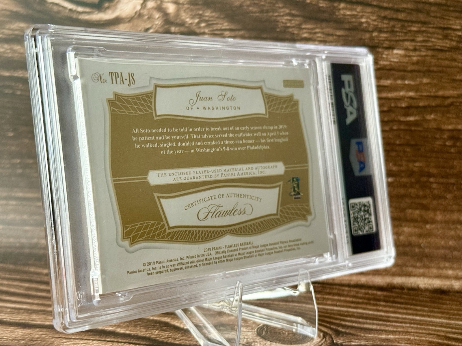 2019 Panini Flawless Juan Soto Triple Patch Auto Ruby 6/15 PSA 8 TPA-JS Nats view 3