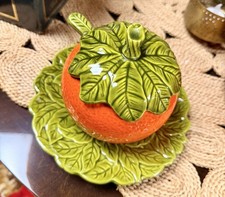 Vintage Keramik Bonbonniere Orange mit Deckel & Blattteller Retro Obstdekor