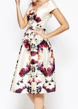 CHI CHI LONDON Party Prom Dress Pink Flowers On Cream Sheer Mesh V UK8 US4 EU34