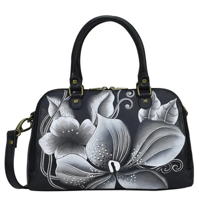 Anuschka Handpainted Black and White Floral Wide Satchel - 8368