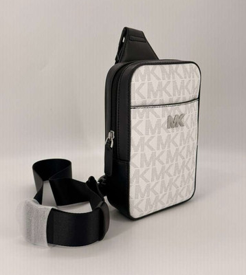 Michael Kors White/Black MK Monogram Zip Crossbody Bag, Small, Adjustable Strap