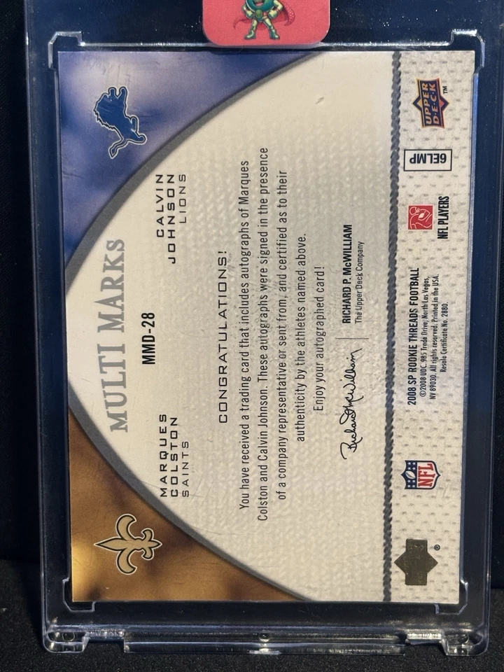 2008 SP ROOKIE THREADS MULTI MARKS DUAL AUTOS CALVINJOHNSON MARQUES COLSTON /150 - Image 2 of 2