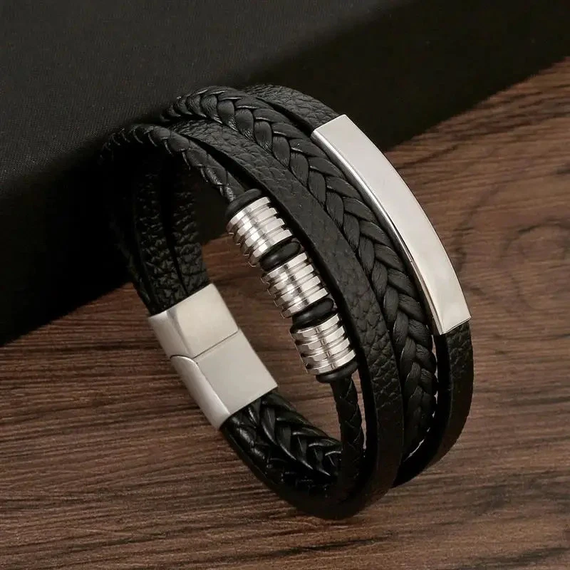 Pulsera de cuero para hombre Brazalete tejido multicapa clásica hecha a mano 1 pieza Foto 2 de 4