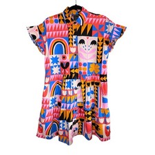 Nooworks Congden Babydoll Shirt Dress Small Patchwork Folk Art Abstract Mini Mod