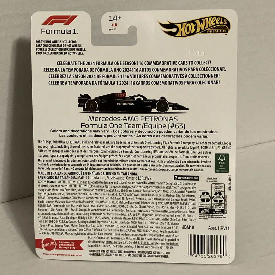 Hot Wheels Premium F1 2024 Mercedes AMG Petronas Formula One Team Car #63 Foto 2 de 4