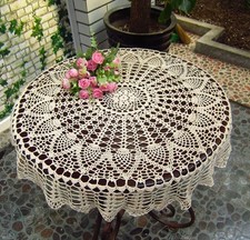 Vintage Crochet Table Cloth Round Lace Doily Handmade 100 Cotton Lace Floral...