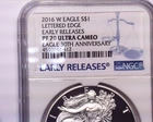2016W Proof American Silver Eagle NGC PF70UCAM , Lettered Edge Problem free coin