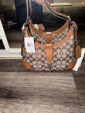 Coach Brown Tan Logo Shoulder Bag Women Clasp Closure Brand Card Tag Accents