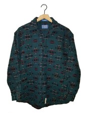 Pendleton Flannel LOBO Shirt Vintage Virgin Wool Dark Teal Aztec USA Made LG