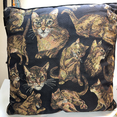 Vintage Cat Cats Tapestry Throw Pillow Pillows 15.5  Sq.  Decorate Black Tan Brn