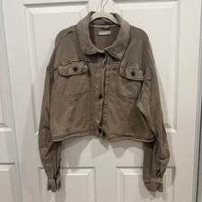 Free People Cropped Cotton Jersey Button Down Jacket Olive Brown Boho medium