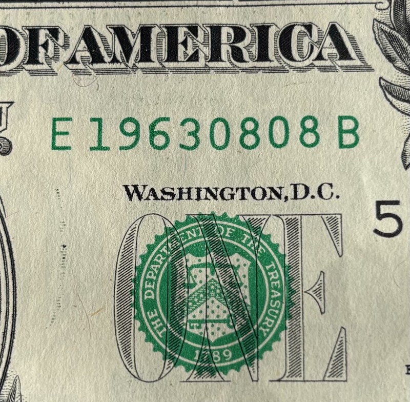 One dollar bill, $1 US bank note, year 2021 birthday serial number 19630808