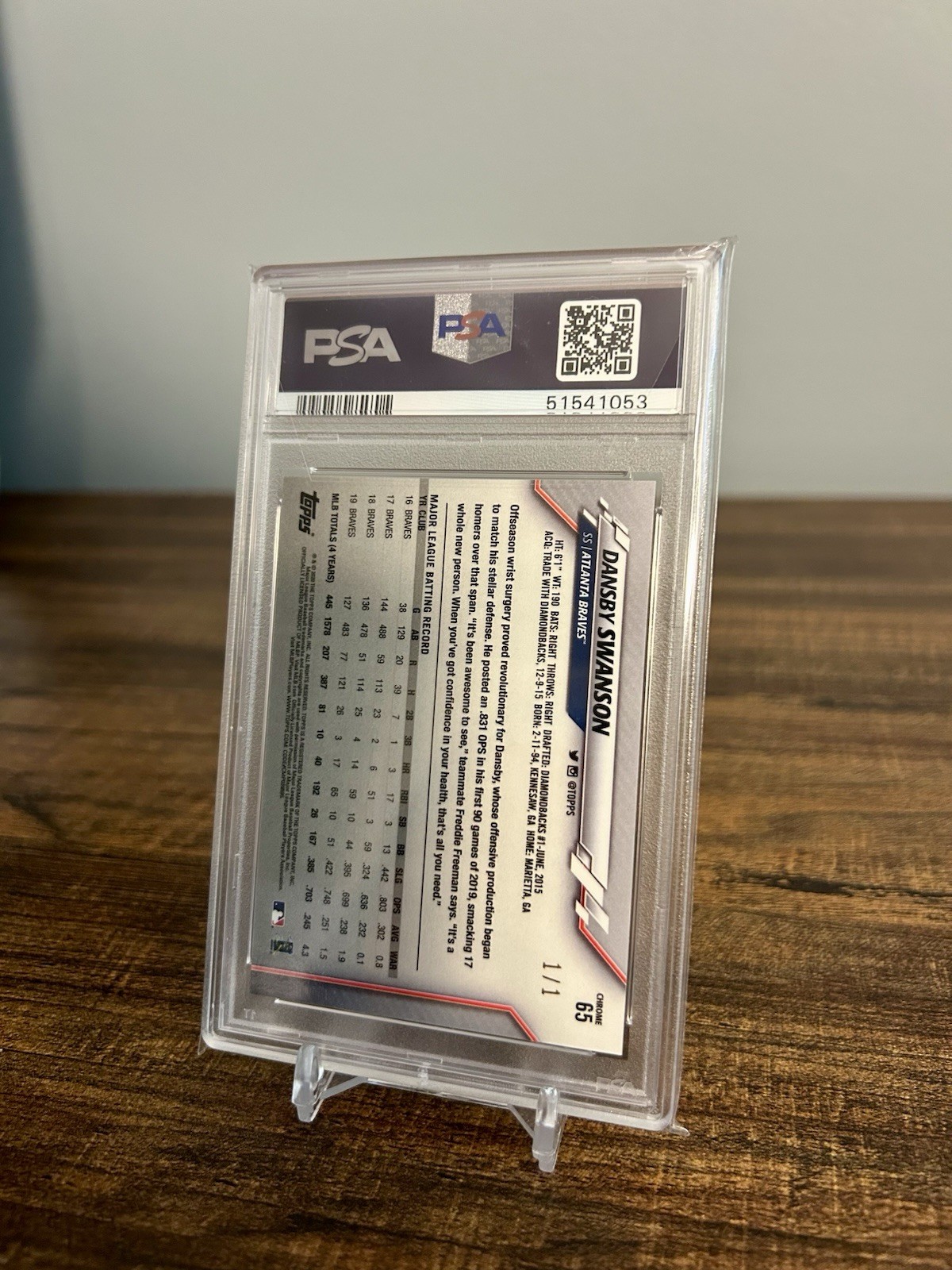 2020 Topps Chrome - Dansby Swanson #65 Superfractor 1/1 Atlanta Braves - PSA 10 view 2