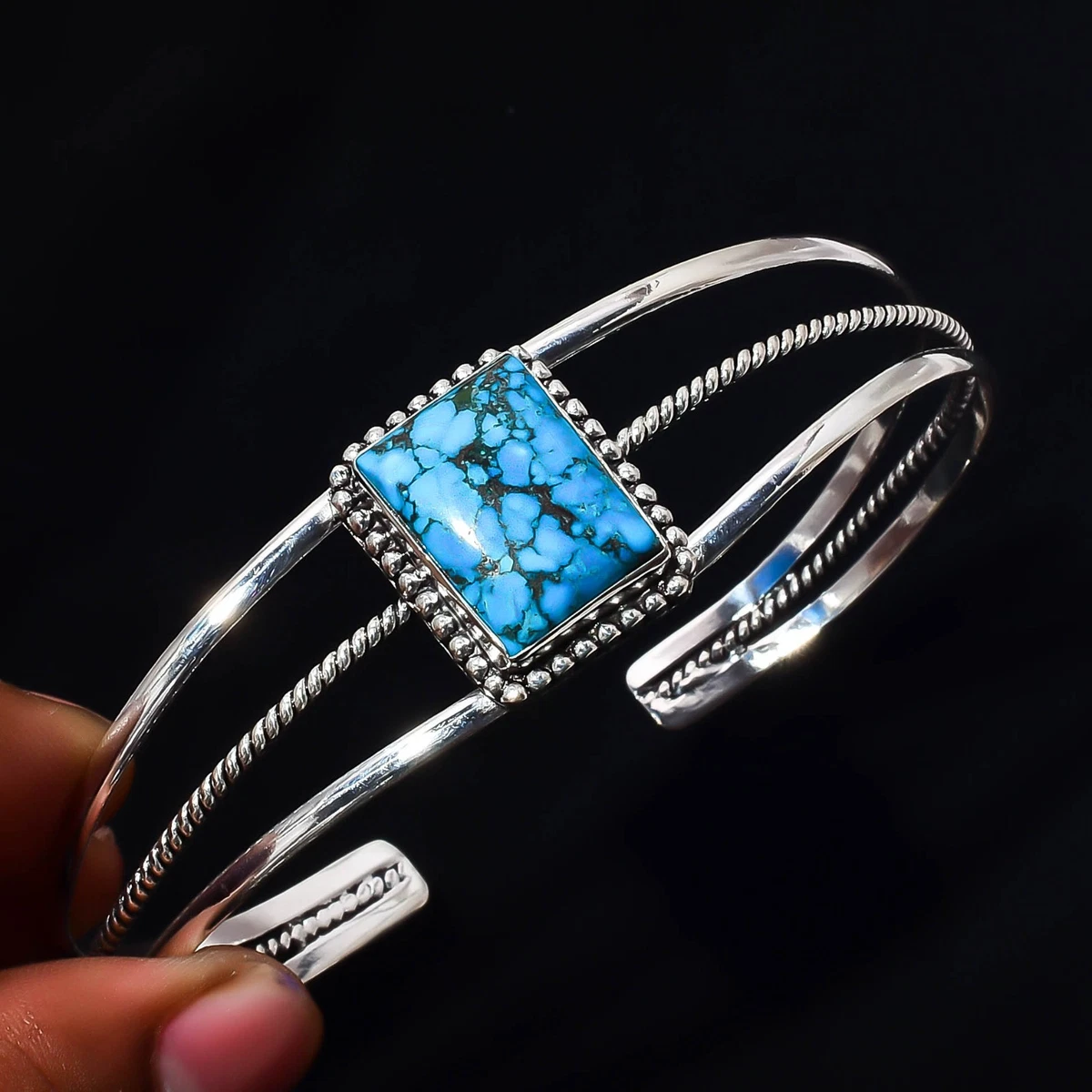 Turquoise Gemstone 925 Sterling Silver Handmade Bangle Jewelry Gift For Love