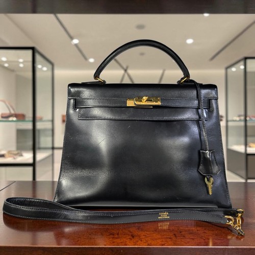 HERMES Vintage Kelly  Bag Black Box Calf With Shoulder Strap