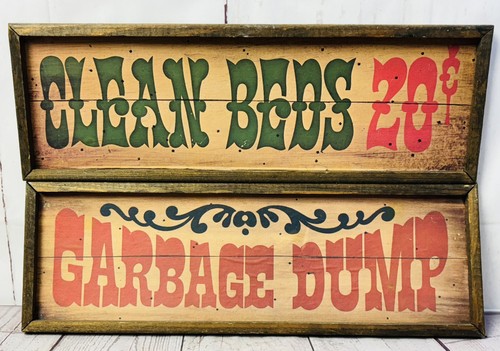 Vintage 1970s Wooden Novelty Sign Set Clean Beds 20¢ & Garbage Dump Rustic Decor - Picture 1 of 7