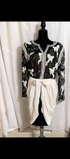 VTG 80s Victor Costa Black White Beaded Ribbon Long Sleeve Sheer Mini Dress 12