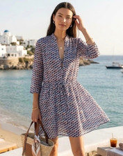 Tory Burch Candy Dot Silk Cotton Mini Shirtdress Blue White 4 NWOT Summer 2025
