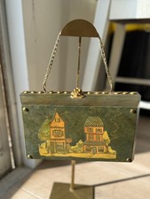 Vintage Wooden Box Purse Hand Painted Cottage Village Chain Handle Bag
