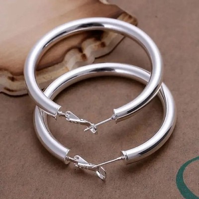 925 Sterling Silver Hoop Earrings 50mm Large Round Circle Fashion Jewelry Wome