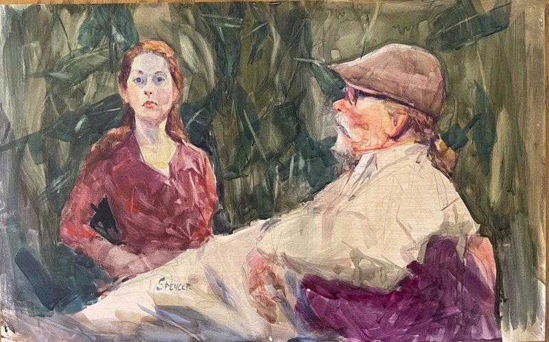 Gerald Spencer, artist, watercolor painting, Self-portrait with woman model