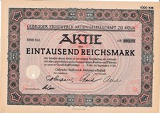 Gebrothers Stollwerck AG history 1t RM Akcje Kolonia 1932 Czekolada Czekolady Słodycze