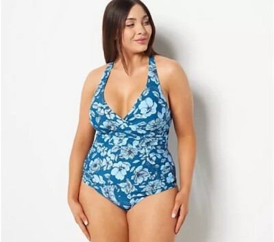 NWT Jantzen Adjustable Strap V-Neck Tankini with Comfort Brief Sz 14 Blue Floral